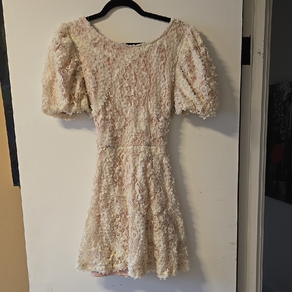 Just Me Cream Puff Sleeve Fit and Flare Mini Dress